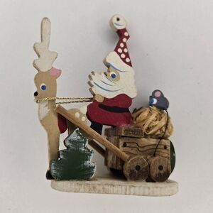 Vintage Schmid Emgee Hawaii Wood Christmas Ornament Santa In Cart Reindeer Mice